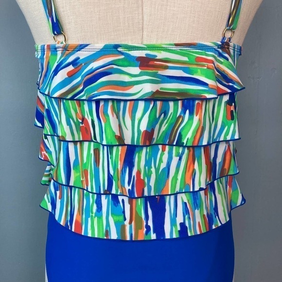 ceeb Multicolored Royal Blue Ruffle Tiered One Piece Swimsuit Women's Size 10 - Picture 7 of 12